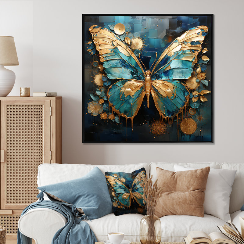 Art mural papillon doré et bleu II, Black Picture Framed, 30" H x 30" W