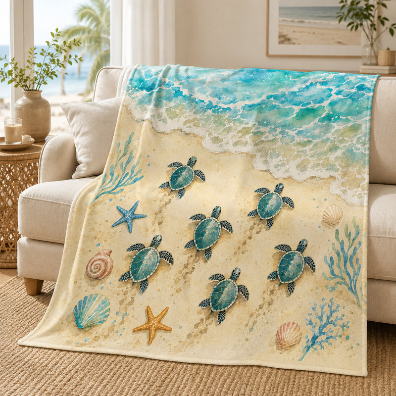 Underwater Sea Turtle Blanket, Realistic Coral Reef Ocean Scene, Flannel Throw for Couch, Bed, Coastal Bedroom, Reading, Travel and Lounging, 40 x 50 in