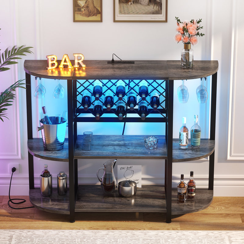 Minjae 47.5" Wine Bottle & Glass Rack, Bar Cabinet with LED Lights, Dark Gray
