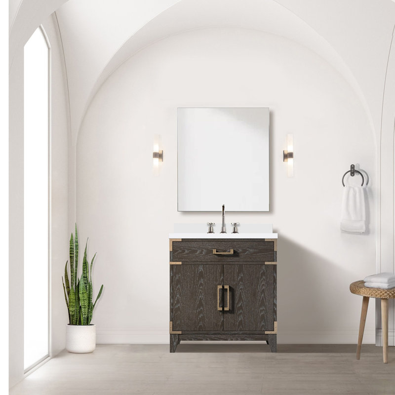 Meuble-lavabo simple en chêne gris l 36 po x P 22 po, avec comptoir en quartz blanc, Gray/Silver, 44" W
