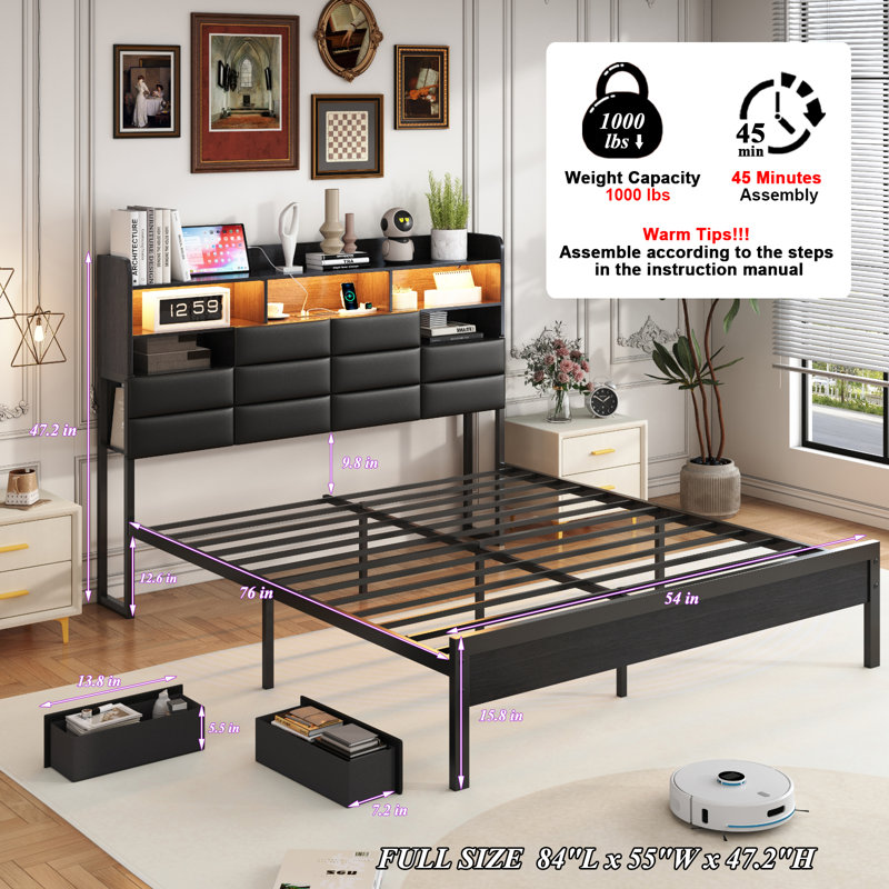 Full Size Metal Platform Bed Frame with Faux Leather Upholstered Storage Headboard, LED Lights, USB Charging Station & Built‑in Bookshelf, Noise-Free, No Box Spring Needed