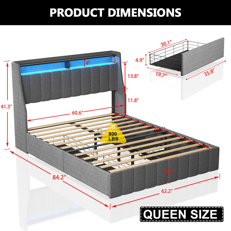 41.3'' Wings Headboard Bed Frame with 4 Under-bed Portable Storage Drawers and LED Light, Light Gray, Queen