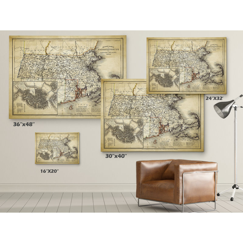 Carte d'esquisse du Massachusetts II - impression sur toile tendue, H 36 po x l 48 po x P 1,5 po