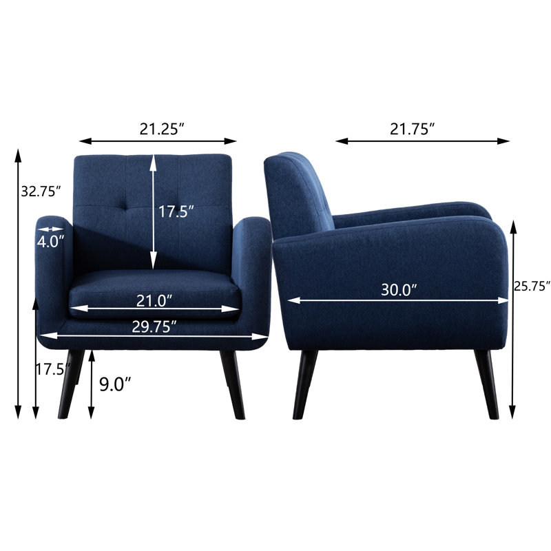 Fauteuil en polyester touffeté l 29,75 po avec pieds en bois massif Almeda, Polyester bleu