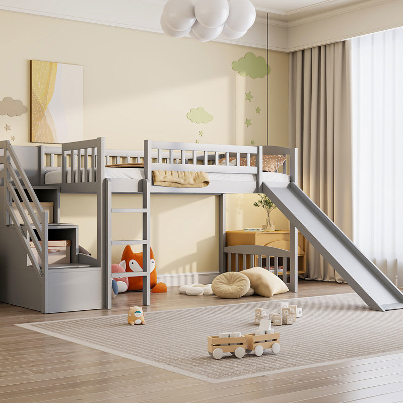 Stairway Twin Gray Loft Bed, Two Drawers, Slide, Maximized Space Utilization, Pine Frame, Suitable For Bedroom Size Bed With Drawers And Solid Construction, Convertible Slide Placement, Some Assembly