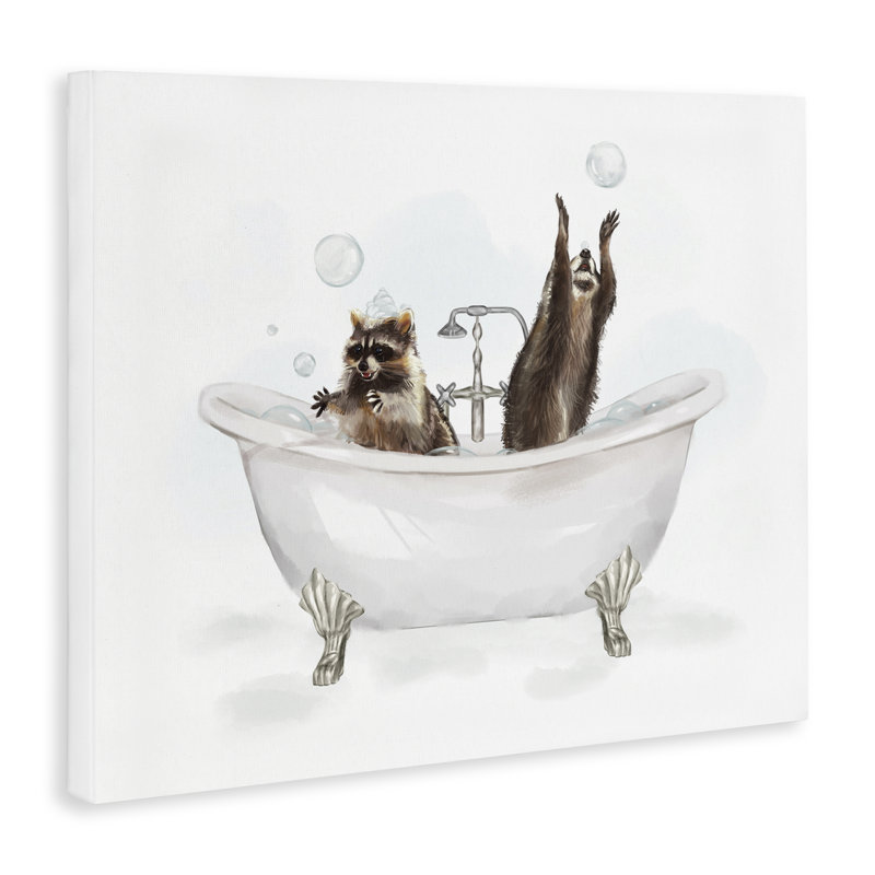 Art mural sur toile, "Raccons attrapant des bulles" par Ziwei Li, H 16 po x l 20 po