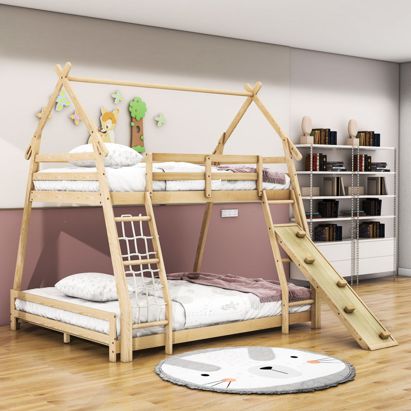 Chaudhry Twin over Queen Wooden Bunk Bed with Climbing Ramp and Climbing Nets, Natural
