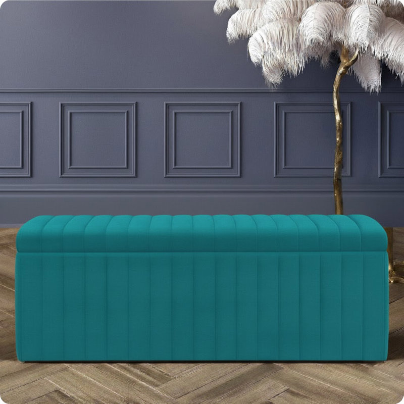 Lux Striped Wide Velvet Rectangle Solid Color Standard Ottoman Box with Storage, Teal, 40 cm H x 90 cm W x 42 cm D