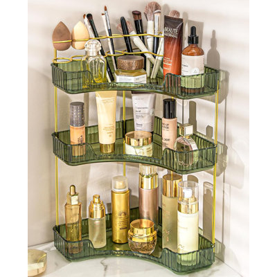 Organisateur de comptoir de salle de bain 3 niveaux avec porte-pinceau de maquillage | Comptoir de rangement de coin de salle de bain, rangement en acrylique pour commode de salle de bain, organisateur de parfum pour la peau - vert