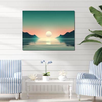 Pleine lune levant le minimalisme de l'océan en bleu rétro I - Décoration murale plage