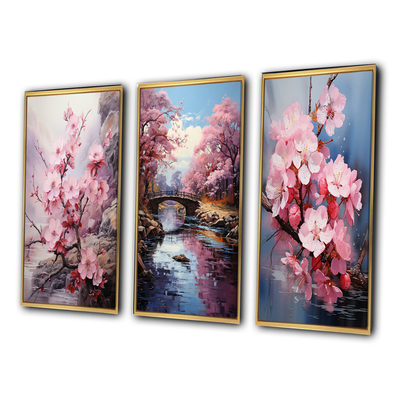 Asian Art Cherry Blossom - Ensemble de 3 pièces, H 32 po x l 48 po, Encadrement doré