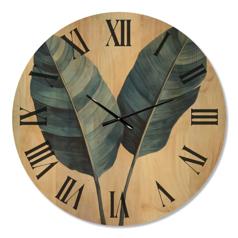 Horloge murale botanique en bois massif - Feuilles tropicales indigo, Très grand
