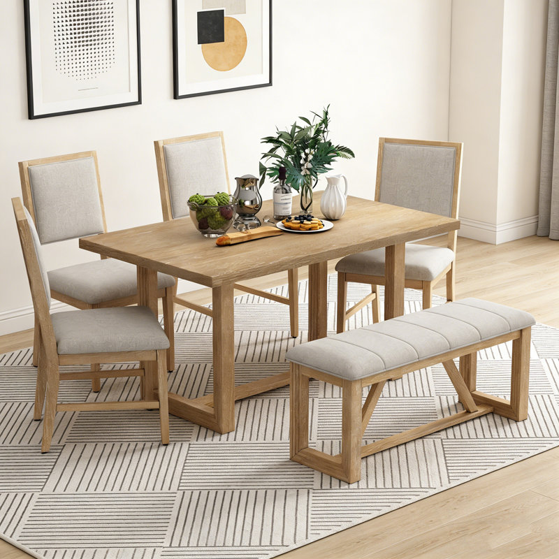 Briselle Retro 6-Piece Dining Table Set with Chairs and Bench, Beige/Natural, Natural
