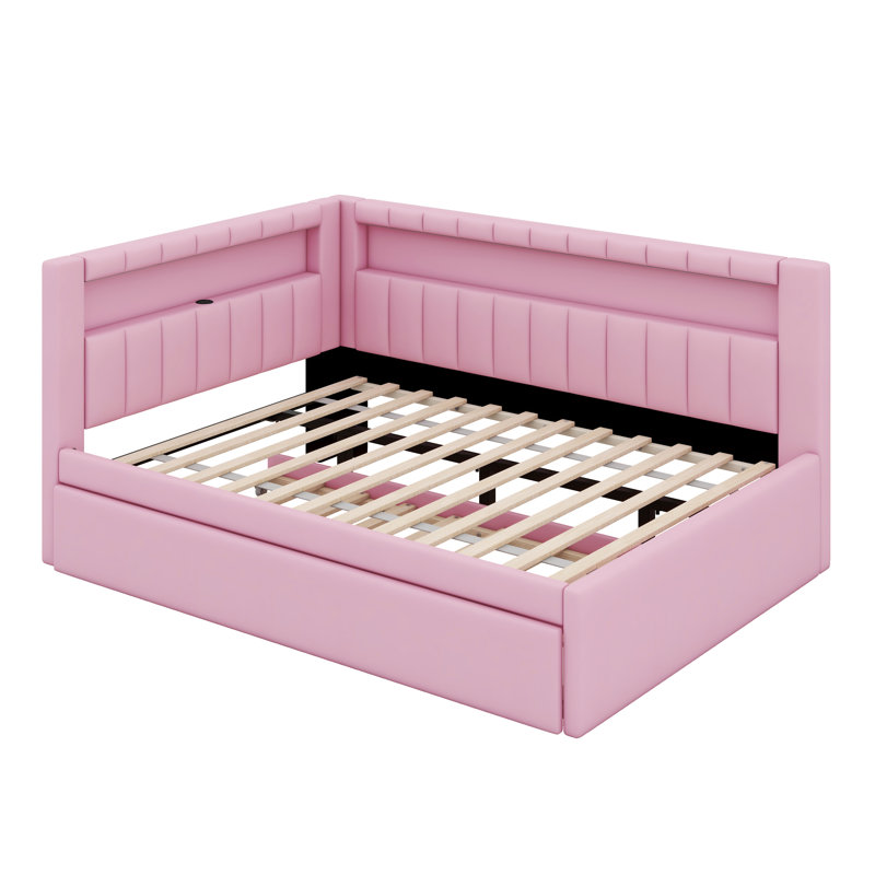 Upholstered Platform Daybed With Trundle Bed, Upholstered Bed Frame With USB, Pink