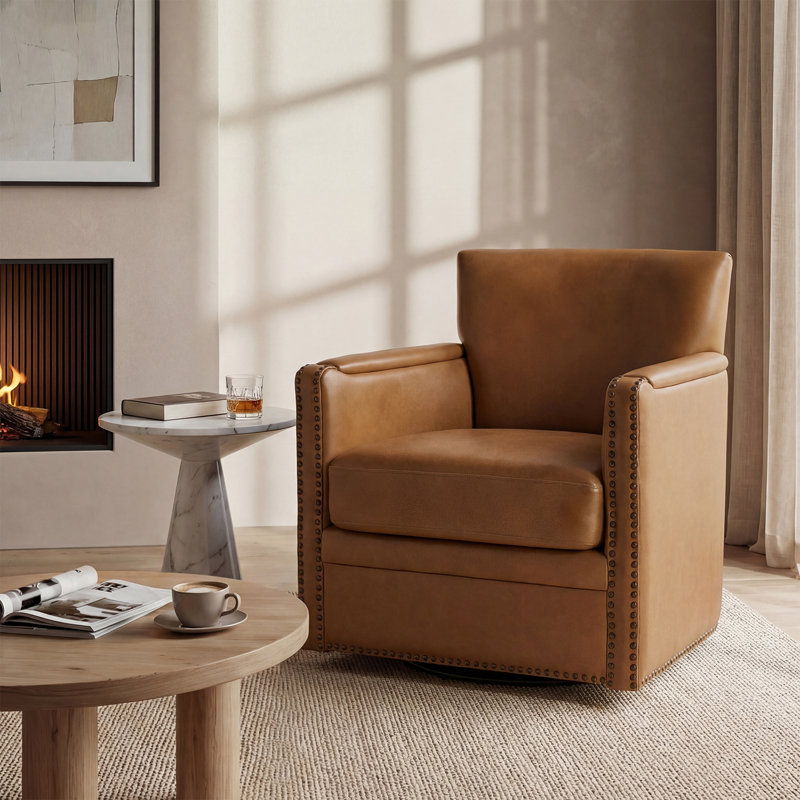 Fauteuil club pivotant en cuir véritable Arsim, Cuir véritable chameau