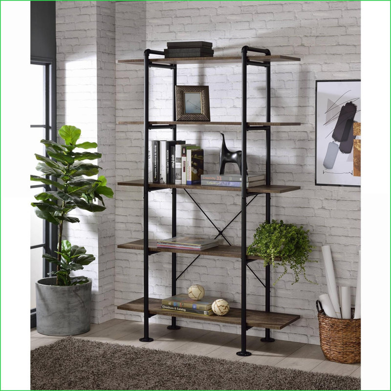 Bibliothèque rustique industrielle à 5 niveaux avec finition en chêne rustique et base en métal noir | Chêne | Bois synthétique