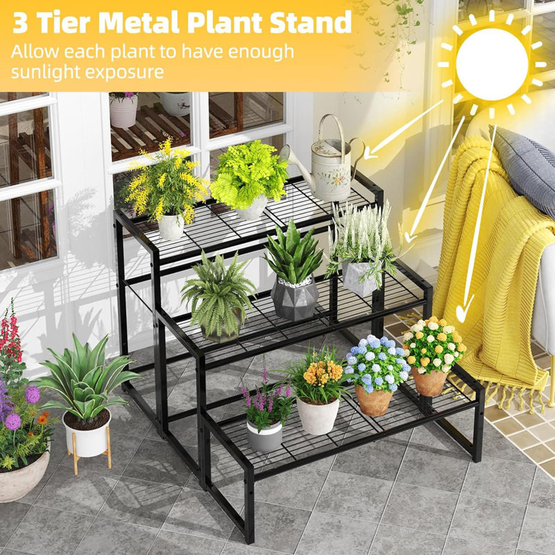 Station de jardin en métal à 3 étages pour plantes, imperméable et extensible