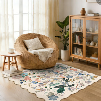 Washable 4x4 Square Area Rug: Floral Scalloped Soft Rugs for Living Room Bedroom Non Slip Bathroom Nursery Floor Mat Water Resistant Low Pile Carpet for Kitchen Entryway (4x4,Cream)