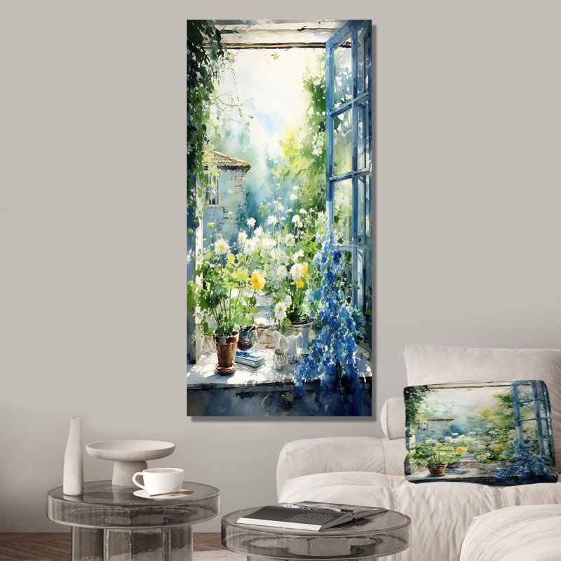 Vert et bleu campagne fenêtre charme II - ferme fenêtres, art mural sur toile, Toile tendue, 20" H x 12" W