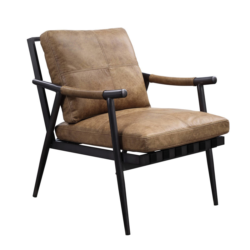 Fauteuil en cuir rembourré pleine mousse - Pieds de meuble-lavabo d'apparence châtaignier et métal