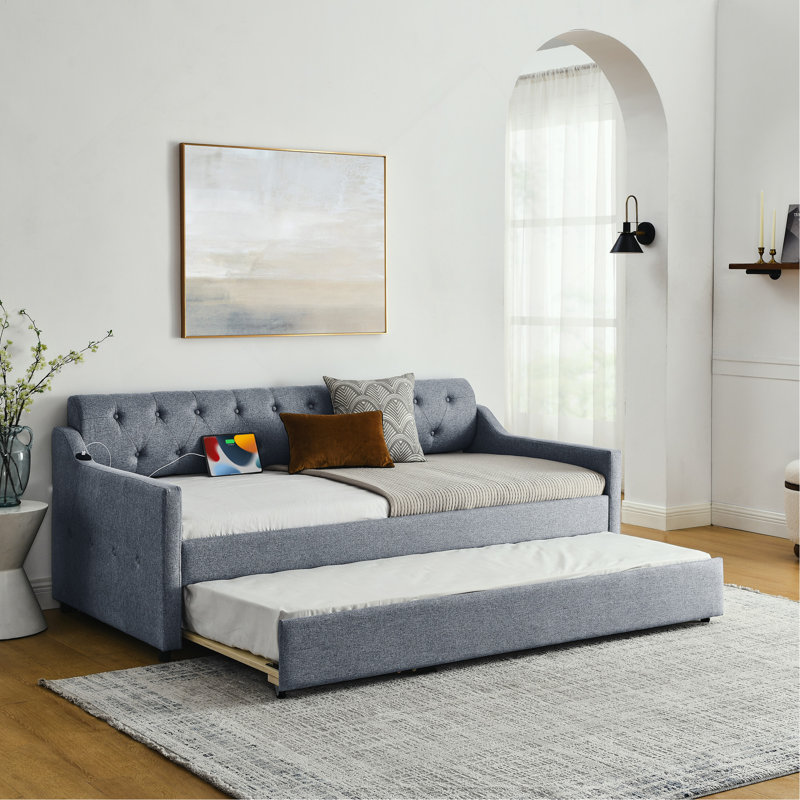 Lit de jour simple rembourré avec lit gigogne simple et charge USB, lin, Gris