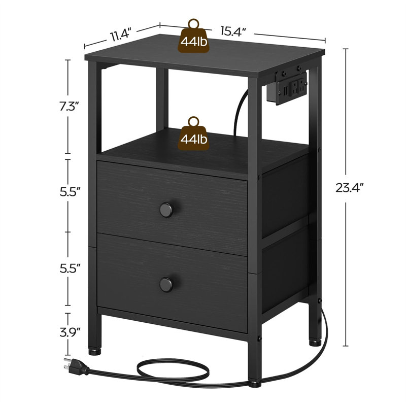 Azaliah 2 - Drawer End Table Set and Built-In Outlets, Black