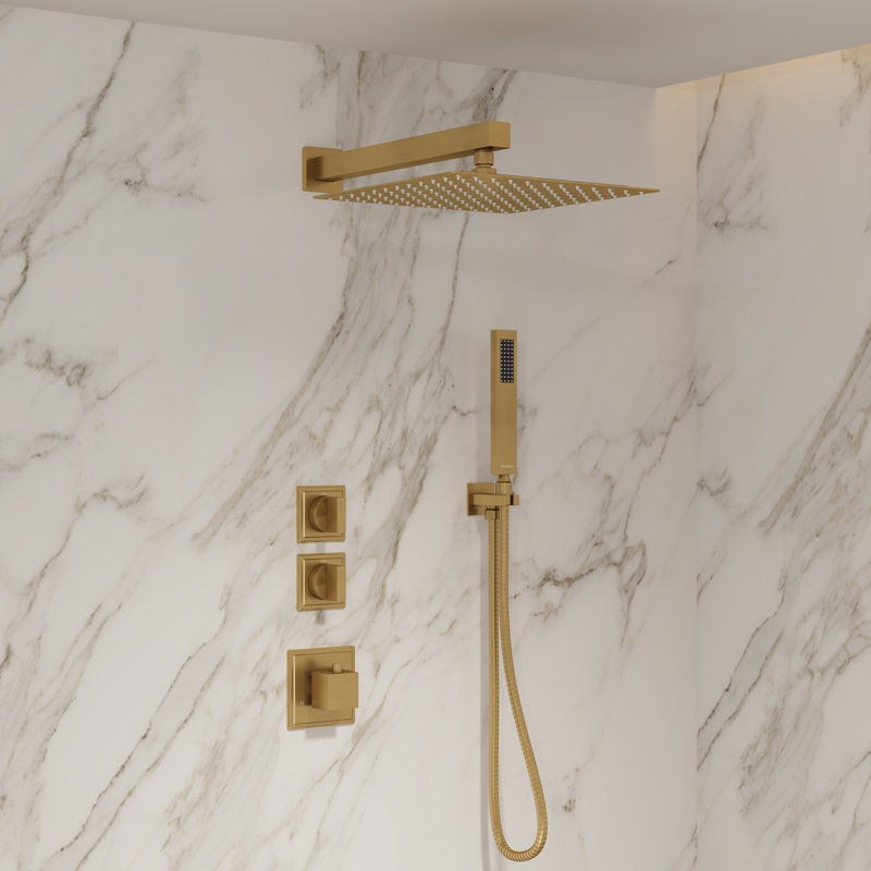 Rugen Thermostatic Shower System, Large 12" Rain Shower Head with Handheld, Brushed Gold Shower Faucet Set with Valve, High Pressure Rainfall Showerhead