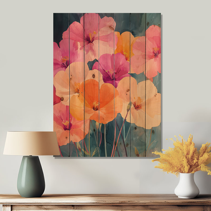 Abstract Geraniums In Summer Motion II - Geraniums Wood Wall Art - On Natural Pine Wood, 44" H x 34" W x 0.78" D