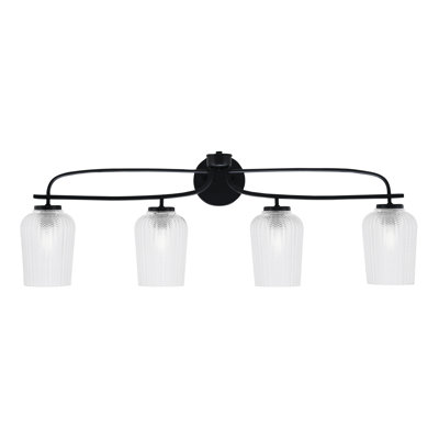 Barre d'éclairage de salle de bain 4 lumières Cavella au fini noir mat avec verre texturé de 5 po