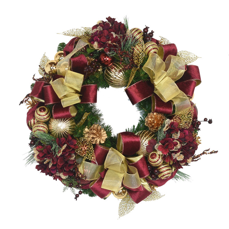 26" Holiday Wreath With Hydrangeas, Glitter Leaves, Ornaments And Bows, 26" H x 26" W x 7" D, Red/Gold/Green