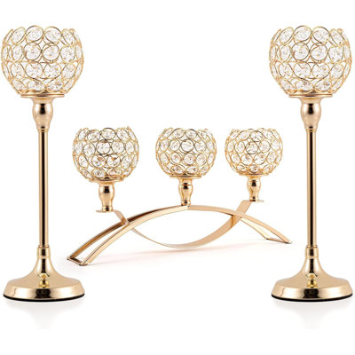 Set of 3 Gold Candle Holders, 3-Arm Candelabra Centerpiece for Wedding, Table, Living Room & Fireplace Decor