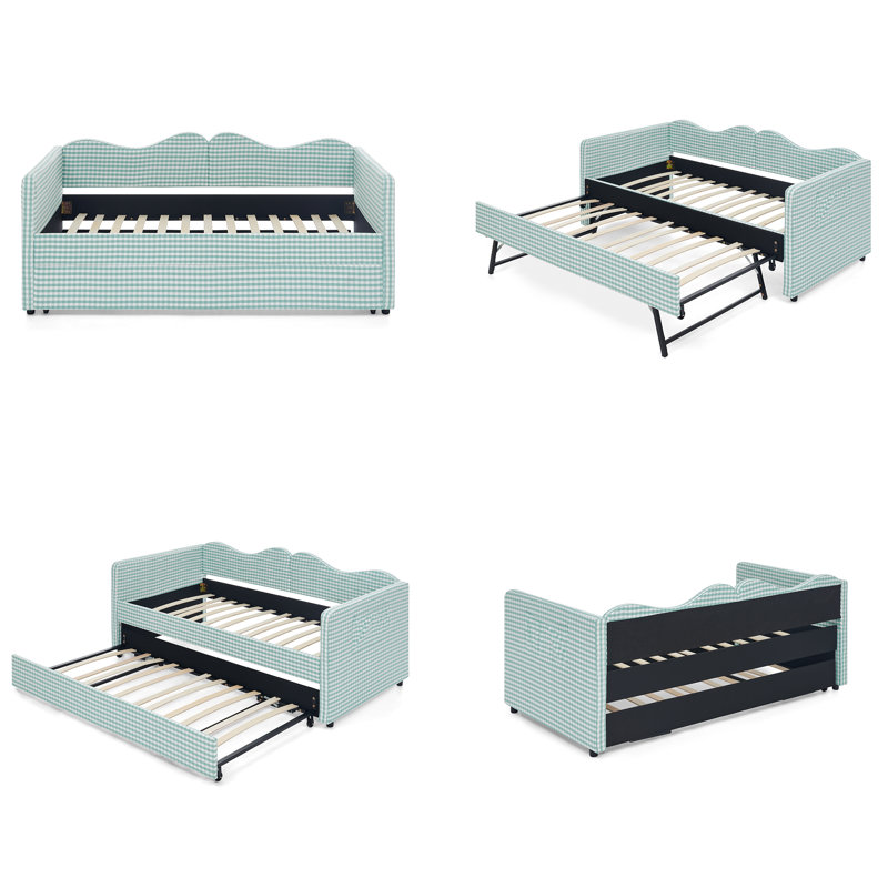Lit de jour double rembourré avec lit gigogne escamotable et poche de rangement latérale, structure de canapé en tissu vichy
