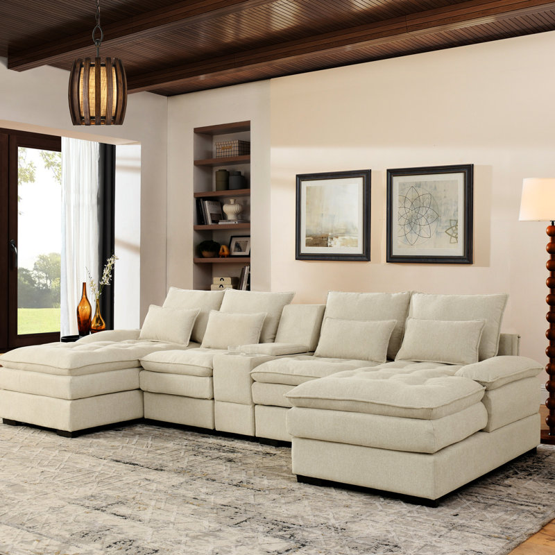 Canapé-lit en forme de U de 130 po pour le salon, 6 sièges avec coussins à double couche, porte-gobelets de la console, revêtement en lin confortable, accoudoirs et coussins lombaires, structure en bois, coussin moderne à sièges moelleux