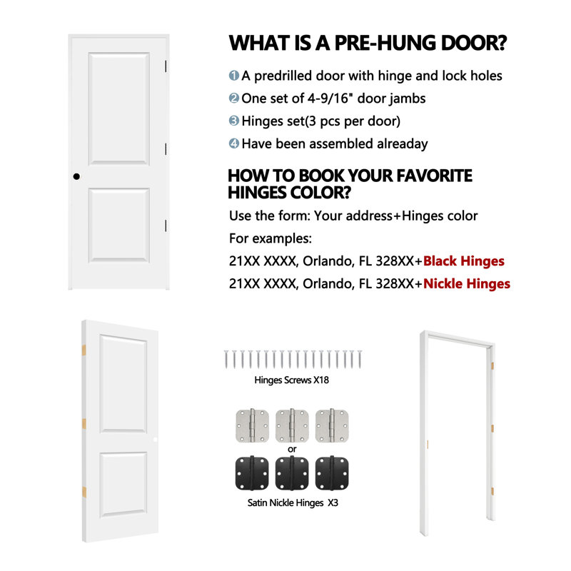 (Pas de serrure) Porte intérieure standard en bois préhung à 2 panneaux avec moulures de 4 à 9/16 po, 34 po x 80 po