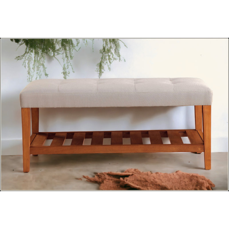Banc en tissu et finition chêne Charla, Gris clair