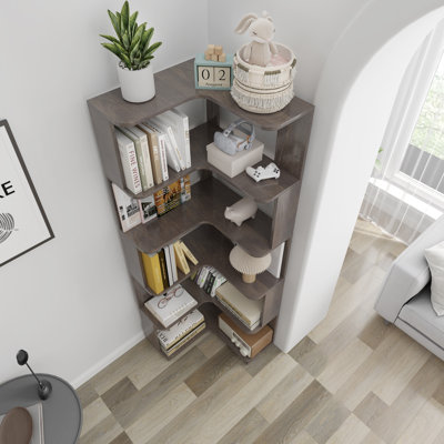 Bibliothèque de coin autoportante en forme de L à 6 niveaux pour le salon, la chambre à coucher, la bibliothèque en bois avec anti-basculement et anti-basculement