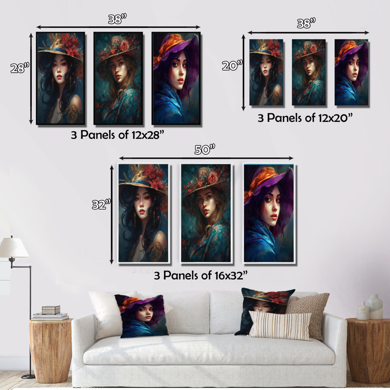 «Woman In Vintage Hat», 3 pièces sur toile, H 20 po x l 36 po, Cadre naturel flottant