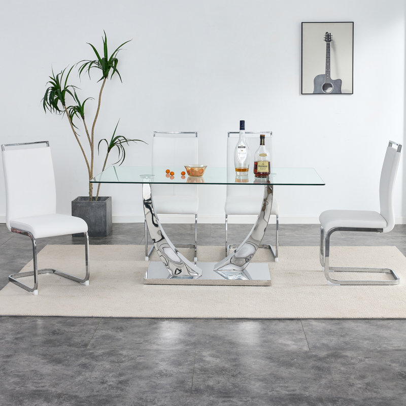 Plouffe Glass Top Metal Base Dining Table, Silver