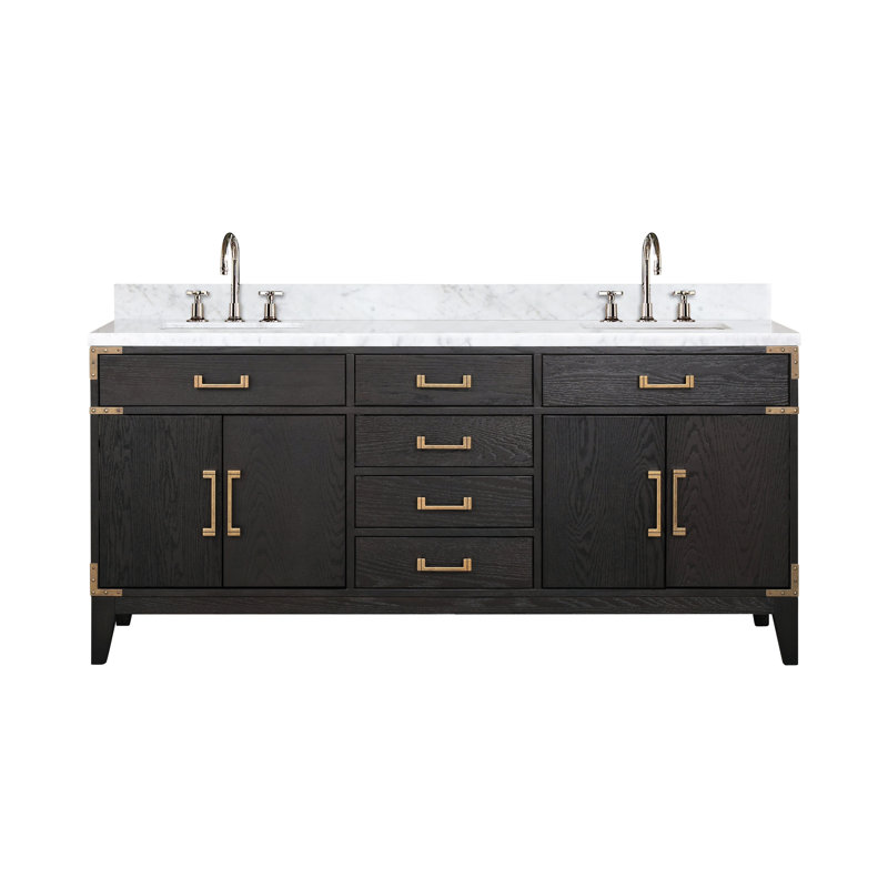 Ensemble de robinet de meuble-lavabo double l 72 po x P 22 po Laurel, Chêne noir, Marbre de Carrare blanc