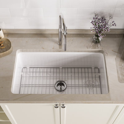 32" L Single Bowl Rectangular Fireclay Dual-mount Kitchen Sink with Sink Grid & Basket Strainer