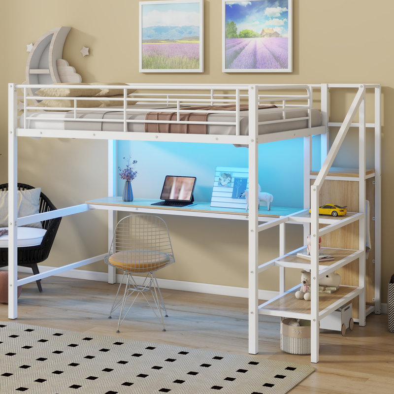 Metal Loft Bed With Desk, Storage Staircase And Led Light, White/Natural