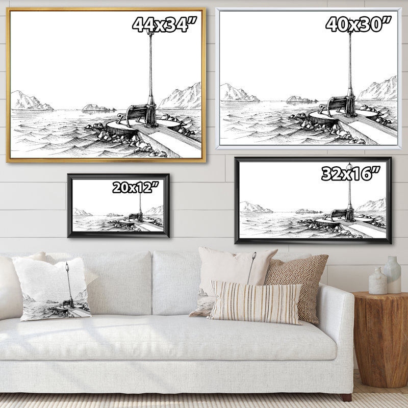 A Bench by the Sea en noir et blanc par Ansel Adams - peinture sur toile, H 12 po x l 20 po, Toile à cadre flottant noir