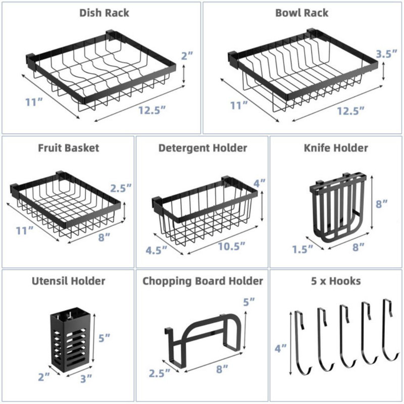 Adjustable Black Steel Over Sink Dish Drying Rack with Hooks