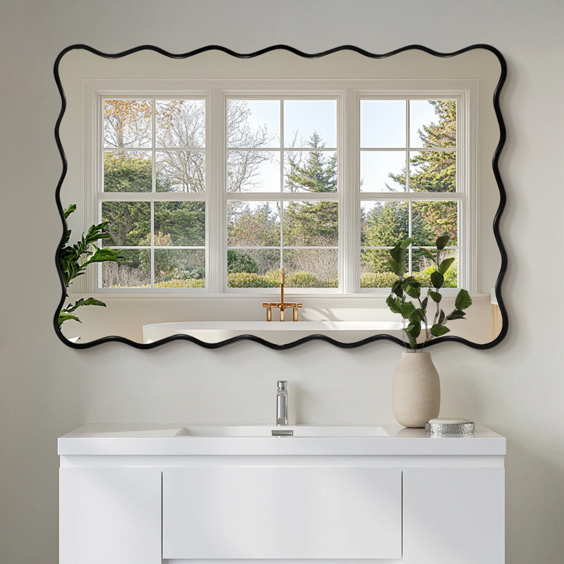 Wavy Rectangle Metal Framed Wall Accent Mirror, Black