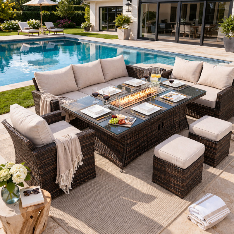 Bozhil 6 - Person Patio Dining Set with Rectangular Table , Cushions Included