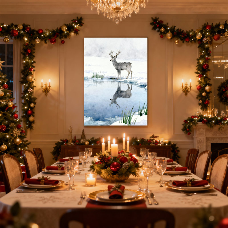 «Christmas Winter Deer Reflection», ensemble de 3 impressions sur toile, H 18 po x l 12 po