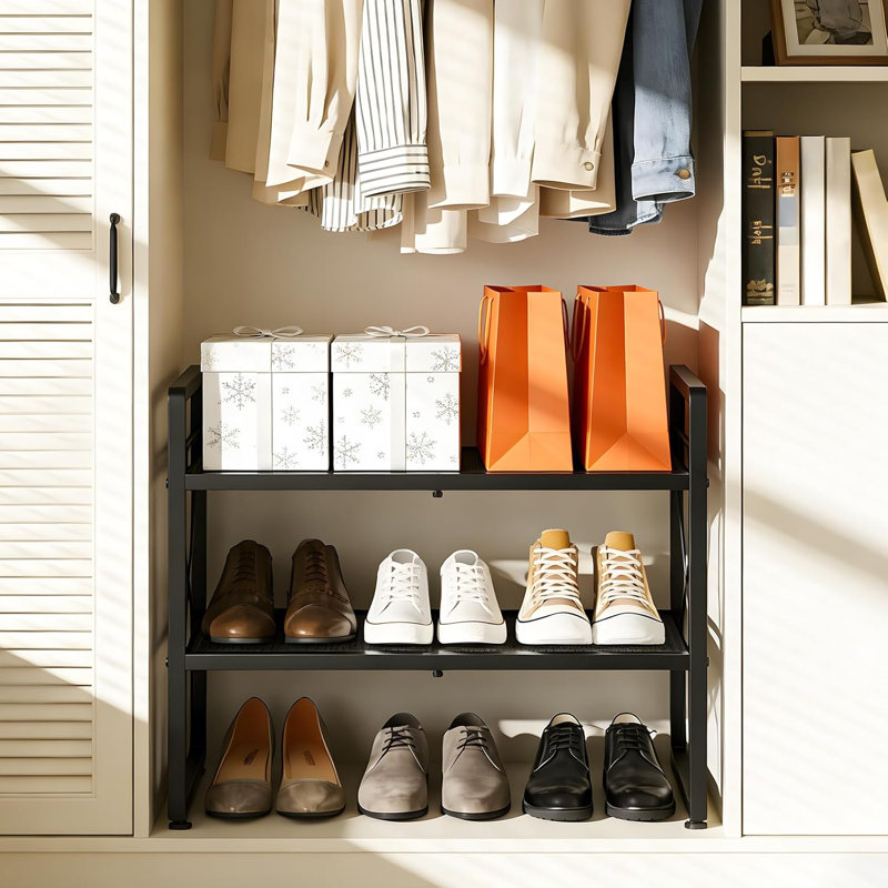 Range-chaussures à hauteur réglable à 2 niveaux avec 4 crochets, range-chaussures empilable en métal pour vestibule, placard, garage, étagère à chaussures robuste pour bottes, talons et espadrilles
