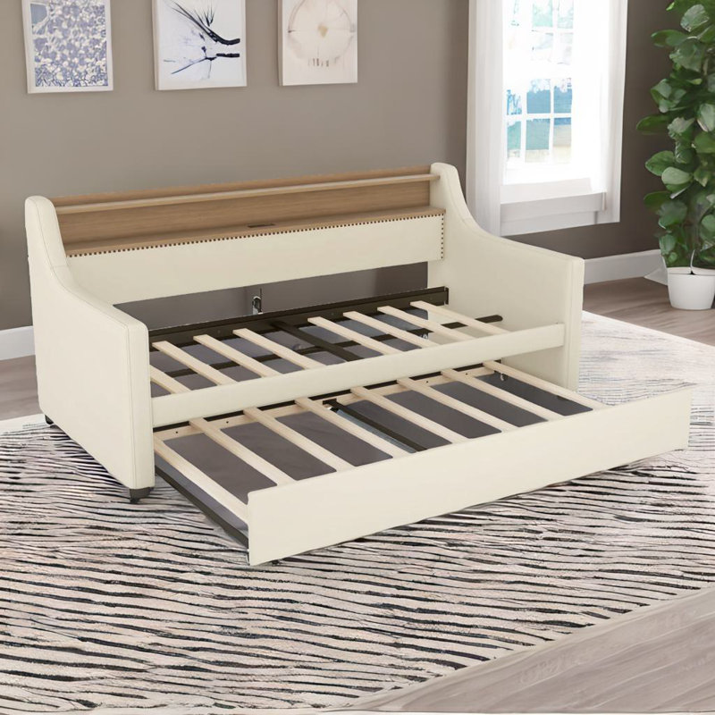 Lit de jour simple avec tiroirs de rangement, Beige, Simple