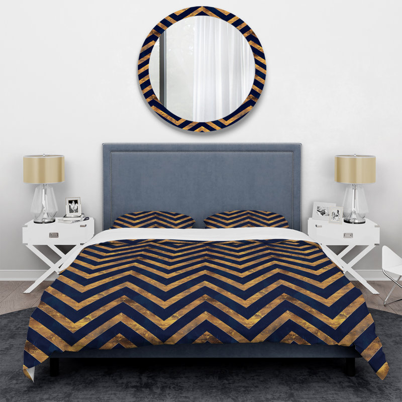 Ensemble de housse de couette Blue Gold Chevron Harmony II - Glam, Housse de couette pour grand lit + 2 taies décora
