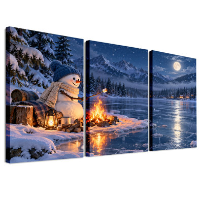 " Snowman Roasting Marshmallow By Campfire Christmas " 3 - Pieces